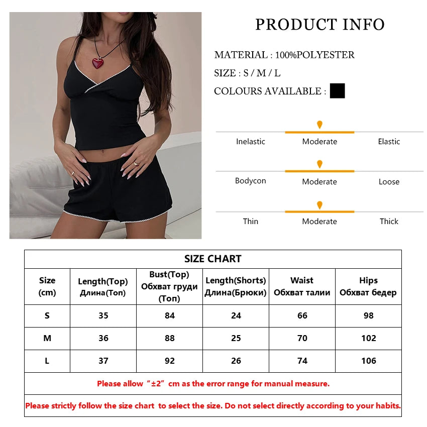 LIZAKOSHT  -  Black Ladies Nightie Set Sexy Spaghetti Strap Sleepwear Crop Top Pajamas Tank Tops Nightgowns Shorts Nightwear Suits