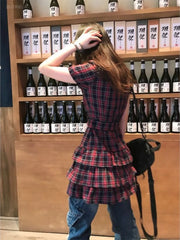 LIZAKOSHT  -  Vestidos De Mujer Summer Woman Dress Preppy Style Short Sleeve Bandage Vintage Shirt Robe Femme Casual Plaid A-line Dresses