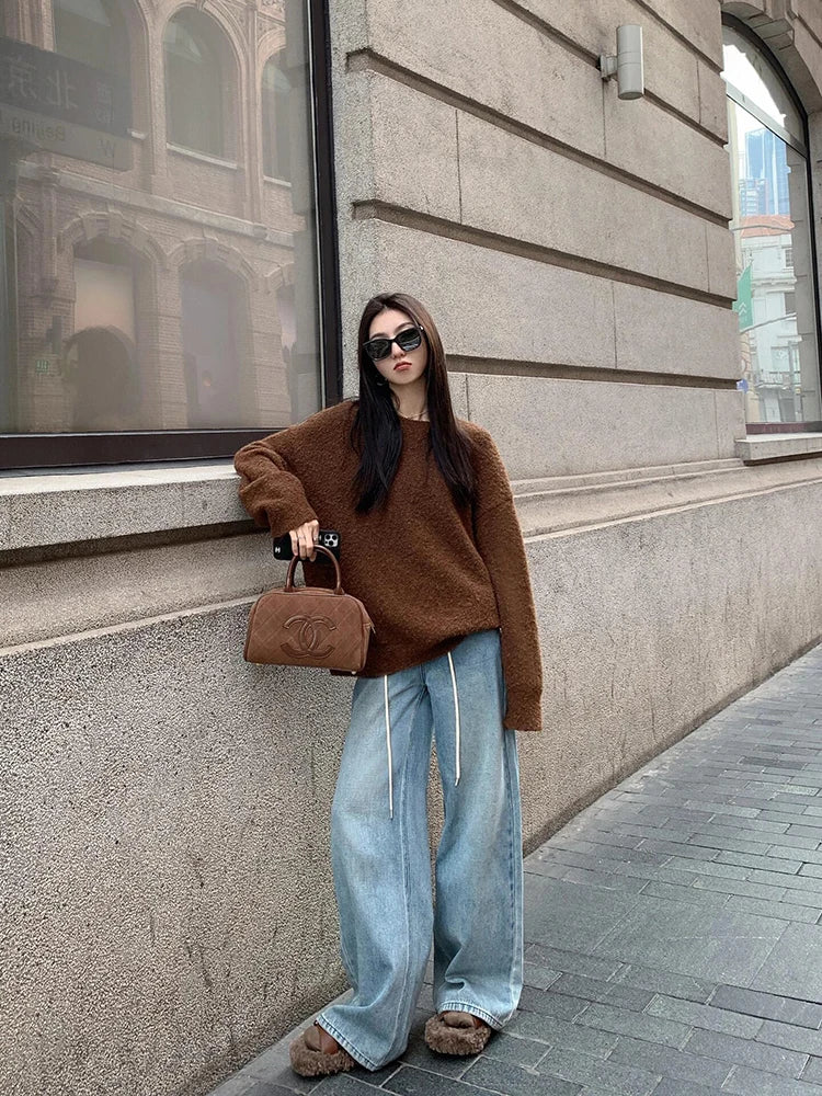 LIZAKOSHT  -  Vintage Brown Knit Sweater Women Autumn Winter Loose Casual Lazy Wind Pullovers Streetwear Harajuku Baggy Long Sleeve Jumpers