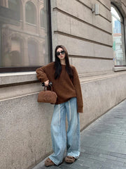 LIZAKOSHT  -  Vintage Brown Knit Sweater Women Autumn Winter Loose Casual Lazy Wind Pullovers Streetwear Harajuku Baggy Long Sleeve Jumpers