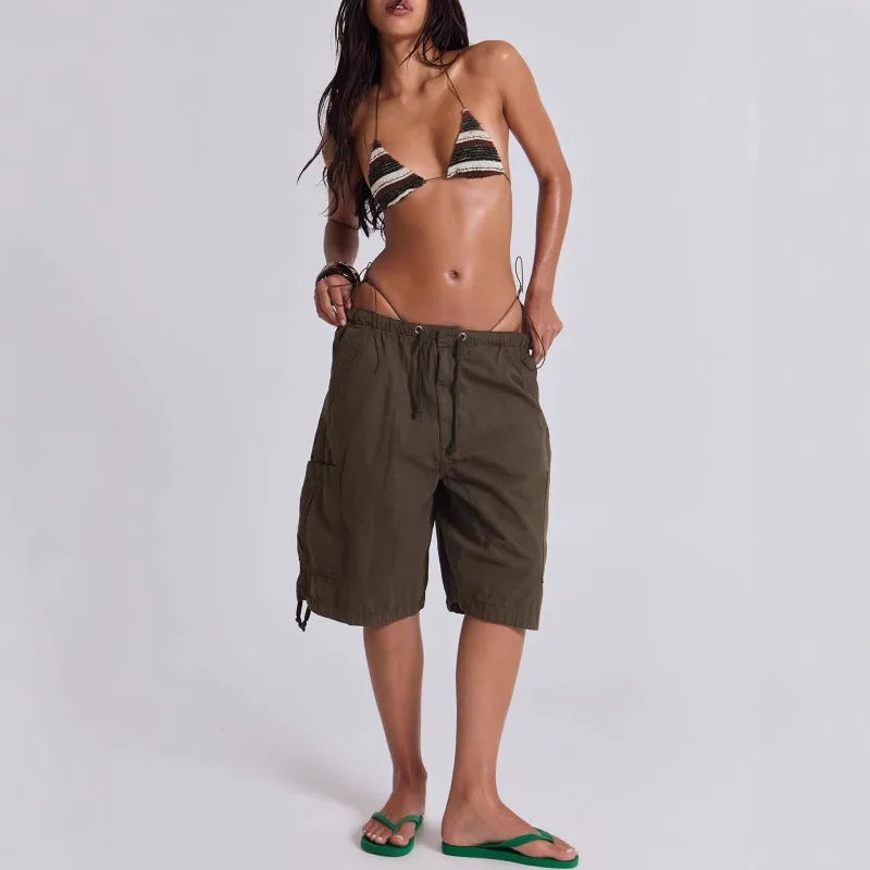 LIZAKOSHT  -  Euramerican Safari Style Drawstring Half Pants Y2k All Match Side Pockets Design Casual Women Wide Trousers Stright Short Pants