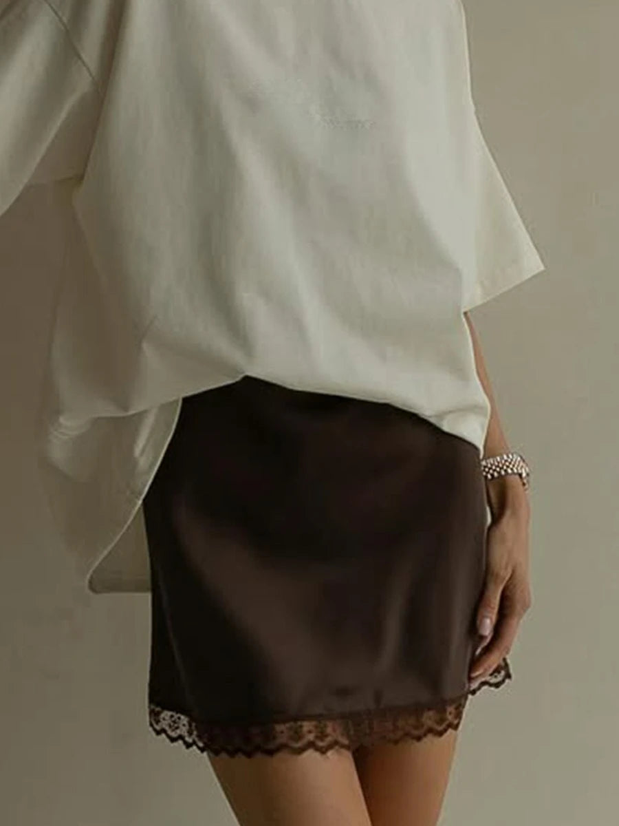 LIZAKOSHT  -  New Chic Lace Patchwork Pink Skirts Women's Summer Zip-up Slim Satin Skirt Female Casual Short Dress Y2K Streetwear