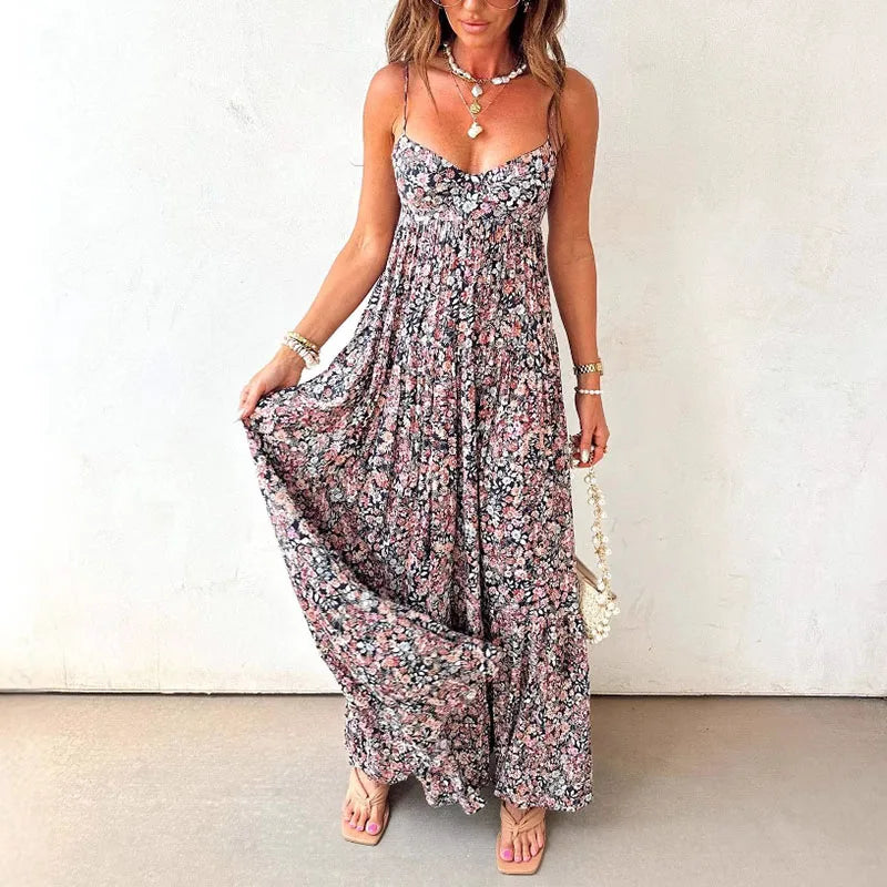 LIZAKOSHT  -  Women Elegant Floral Print Sling Dress Sexy Off Shoulder Backless Long Pleated Party Dress Fashion Hight Waist Swing Bohe Dress