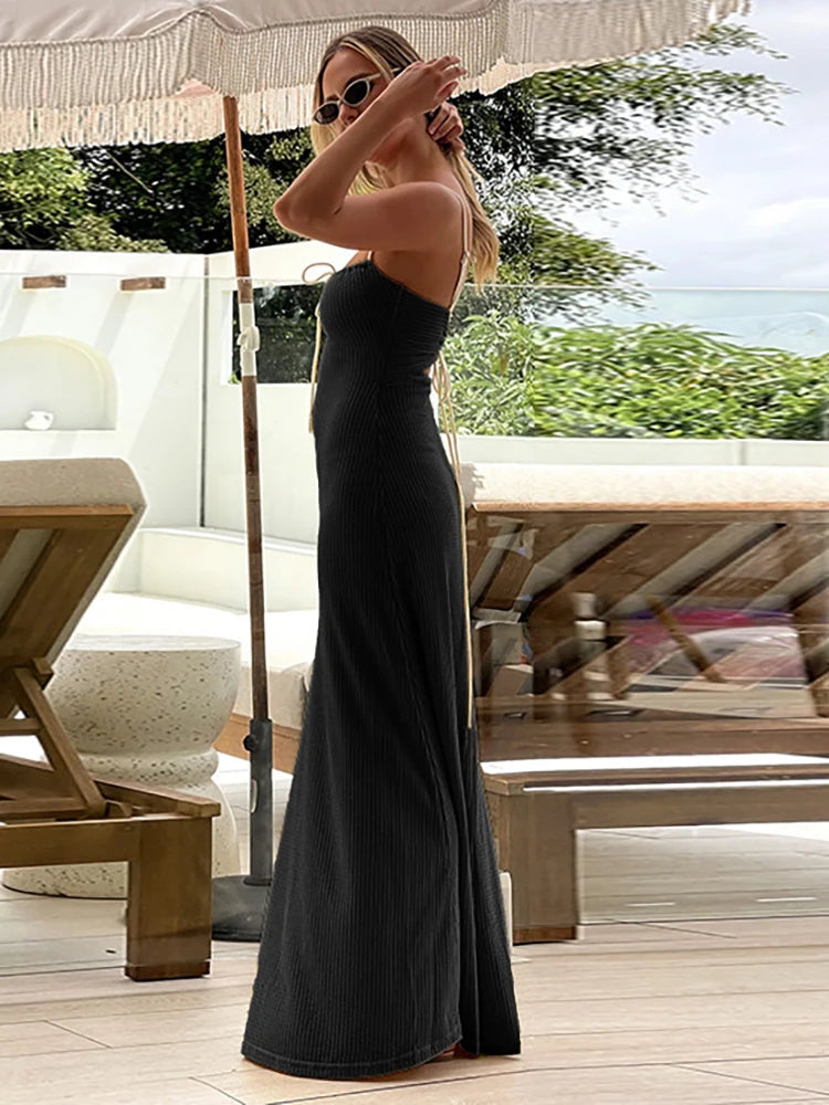 LIZAKOSHT  -  Knitted Sexy Backless Bandage Women Dress Yellow Spaghetti Strap Evening Dress Spring Slim Elegant Vacation Beachwear