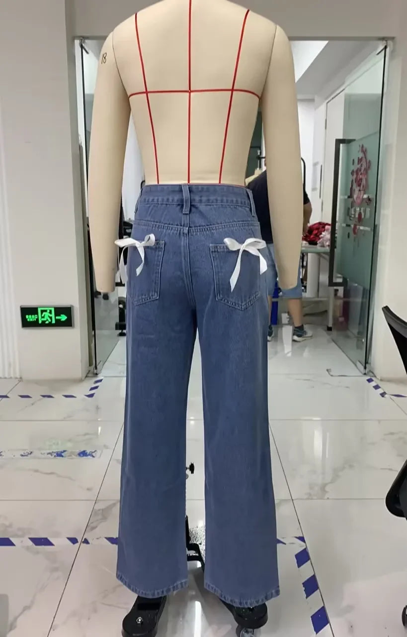 LIZAKOSHT  -   Vintage Women Mid Rise Baggy Jeans Fashion Casual 3D Bow Straight Leg Denim Pants with Pockets Y2K Retro Streetwear