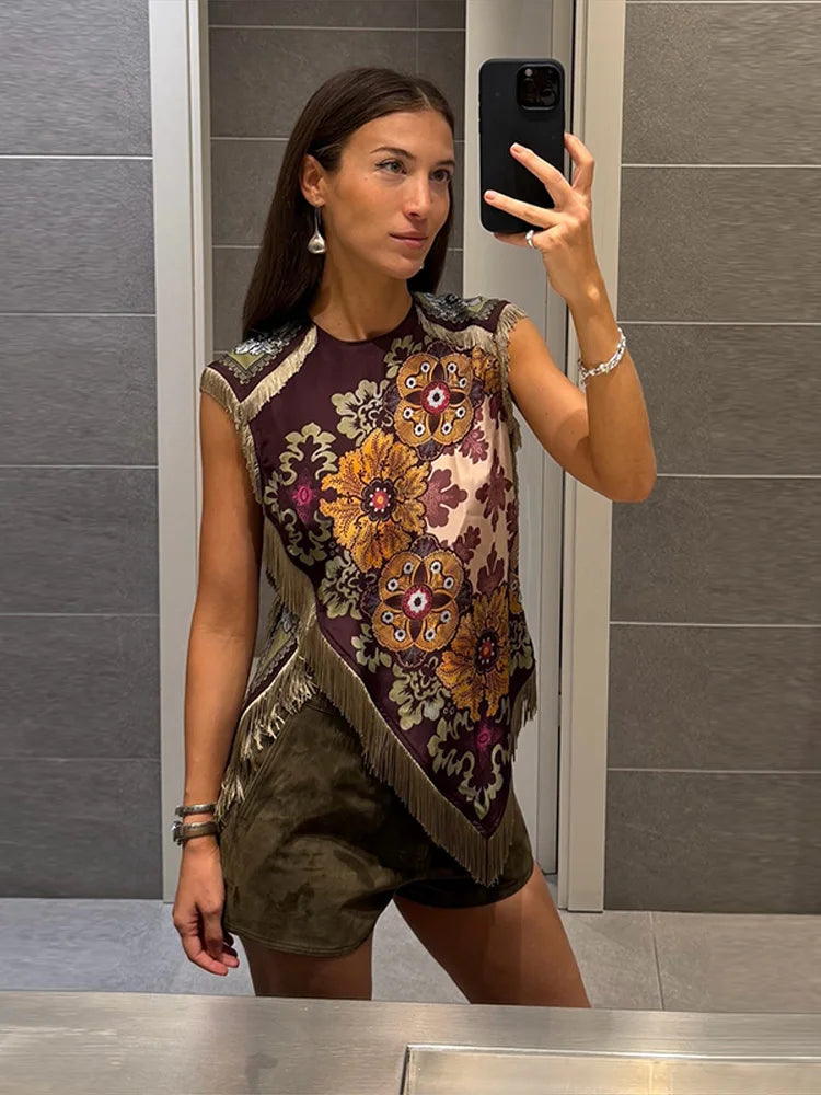 LIZAKOSHT  -  Vintage Tassel Printed Irregular Tops Women Sleeveless Round Neck Patchwork Tops Lady New Casual Daily Fashion Summer Clothes