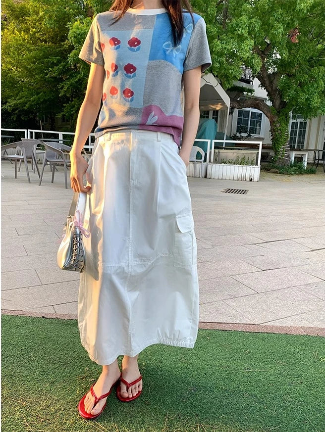 LIZAKOSHT  -  Korean chic  Summer O Neck Short Sleeve Geometric Print Cartoon Slim Women's T-shirts