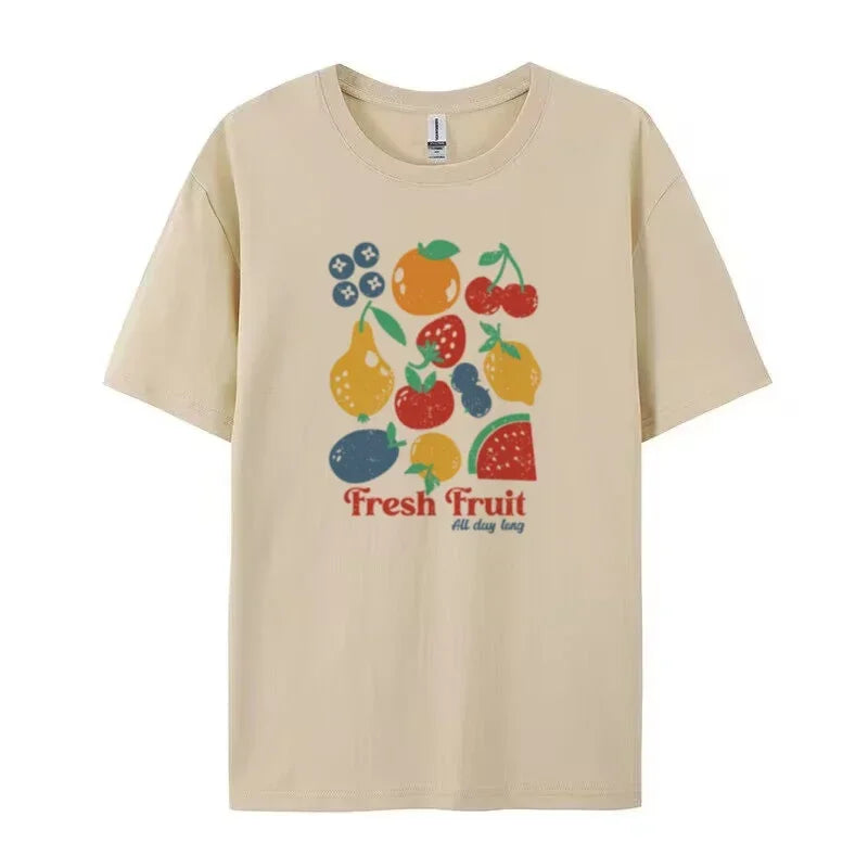 LIZAKOSHT  -  Cartoon Fruit Print T Shirt Cute Y2k Aesthetic T-Shirt Short Sleeve Loose Streetwear Graphic Tees Women Retro Fashion Female Top