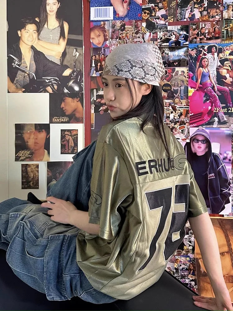LIZAKOSHT  -  Y2k Sport Number Oversized T Shirt Women Short Sleeve V-neck Basketball Tees American Retro Hip Hop Harajuku Casual Tops