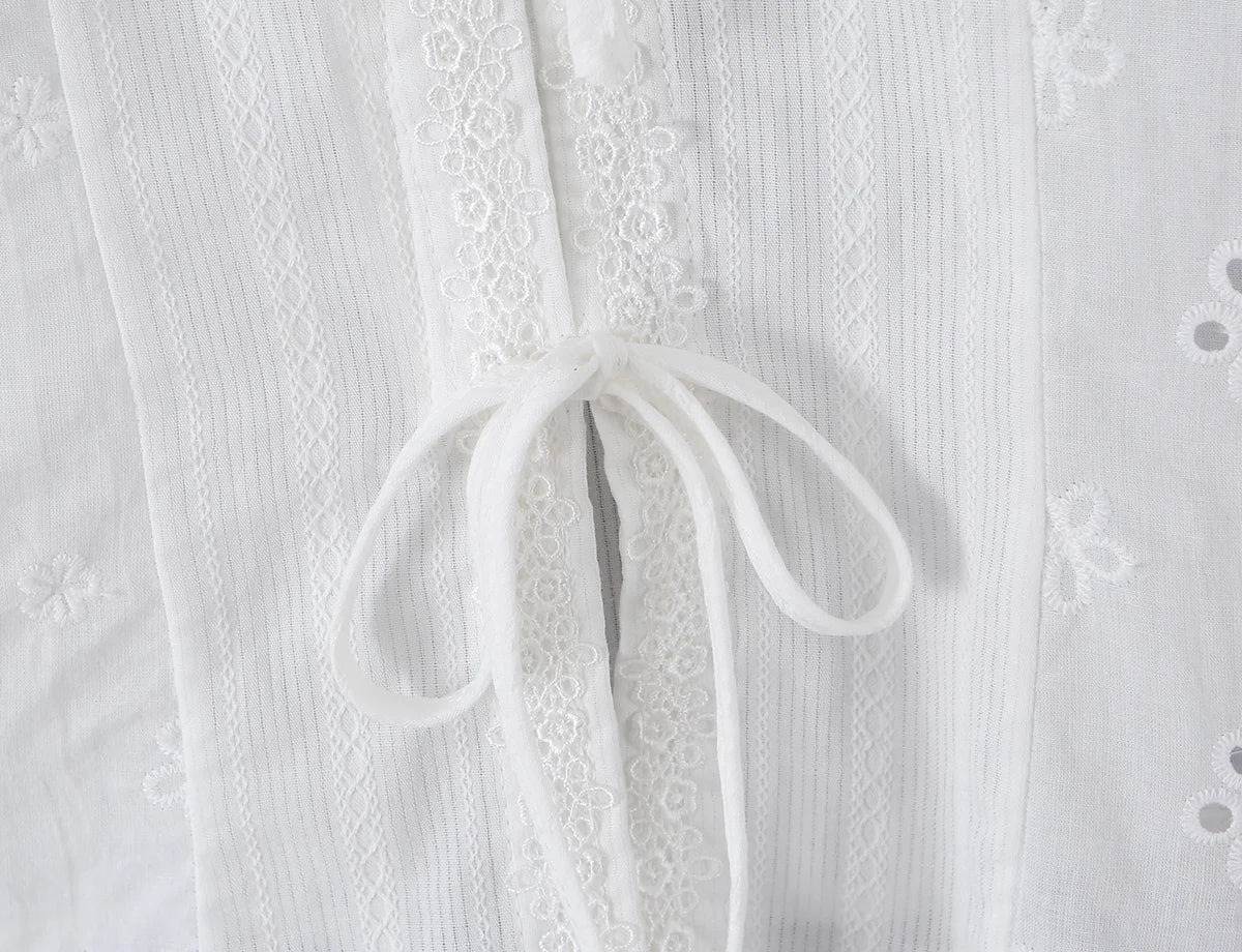 LIZAKOSHT  -  CHIC White Embroidery Flower Hole Lapel V Collar Short Puff Sleeve Shirt Women Bow Lacing Up Front Side Zipper Blouse Crop Tops