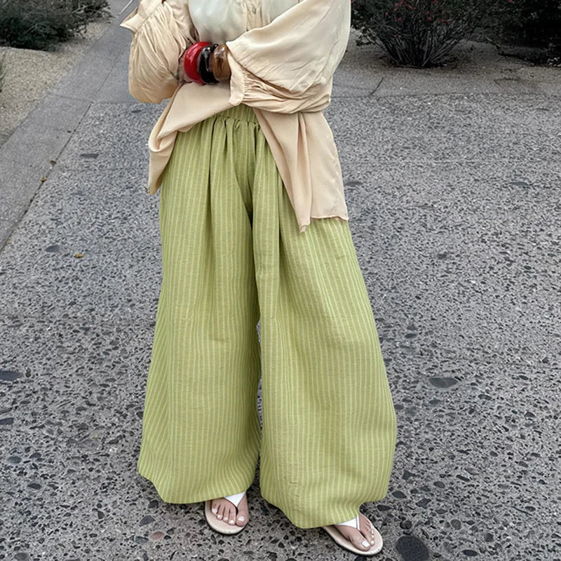 LIZAKOSHT  -  Elegant Ladies Simple Solid Color Trousers Summer New Puff Loose Women's Commute Pants Casual High Waist Pleated Wide Leg Pants