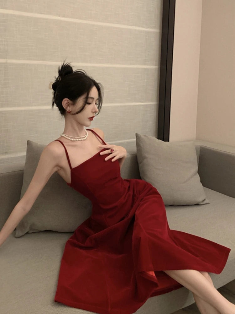 LIZAKOSHT  -  Summer New French Elegant Strap Birthday Party Prom Midi  Velvet Dress For Women Sleeveles  Female One Piece Clothes