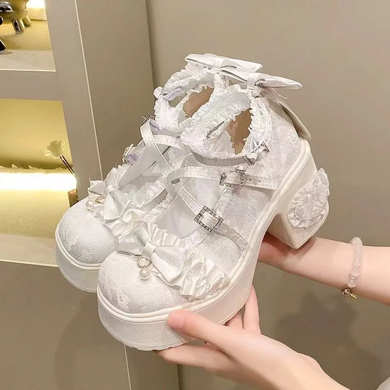 LIZAKOSHT  -  New Princess Shoes with Elegant Temperament Soft Sole Lace Lolita Original Thick Heel Height Increasing Mary Jane Single Shoe