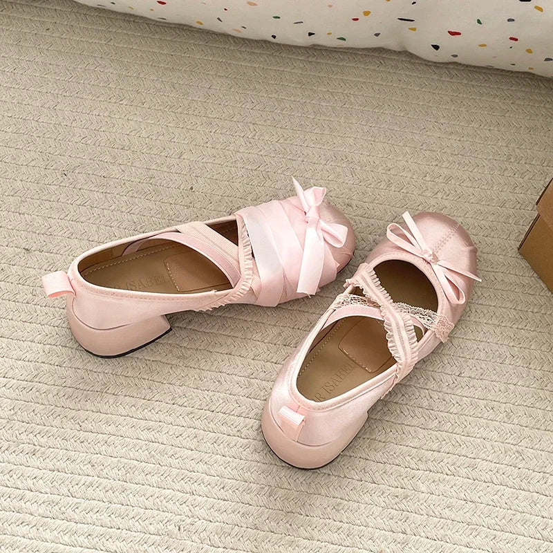 LIZAKOSHT  -  Lace Cross Strap Women Mary Jane Shoes Fashion Sweet Butterfly-knot Thick Heel Shoes Spring Autumn Ladies Elegant Dress Pumps