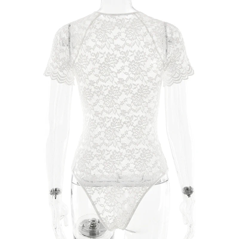 LIZAKOSHT  -  Charming Sexy Women's Lace See Through Hollow Short-sleeved Bodycon Fashion Floral 1Pcs Bodysuits 2025 Nightclub Streetwear