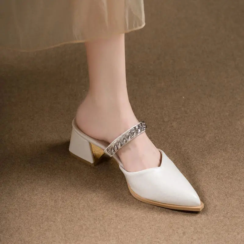 LIZAKOSHT  -  Womens Slippers Summer Baotou Sandals Pointed Toe Shallow Mouth Metal Chain One Slip Strap Anti-slip Outer Wear Square HighHeels