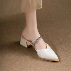 LIZAKOSHT  -  Womens Slippers Summer Baotou Sandals Pointed Toe Shallow Mouth Metal Chain One Slip Strap Anti-slip Outer Wear Square HighHeels