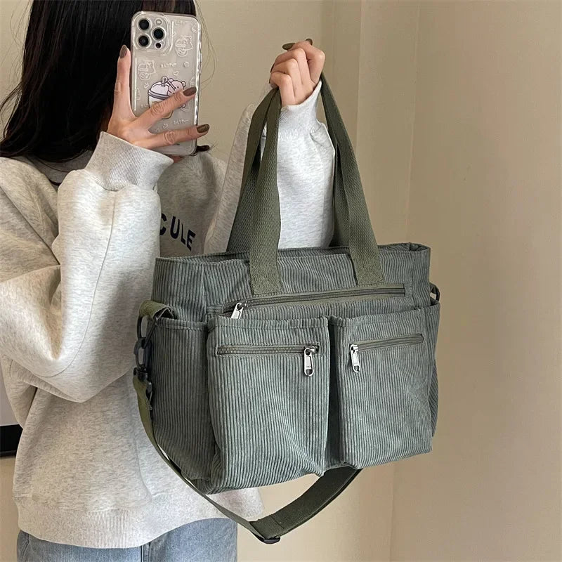 LIZAKOSHT  -  Large Capacity Corduroy Women Crossbody Bags Classic Korea Style Elegant Shoulder Bag Traveling Multilayer Thick Handbag