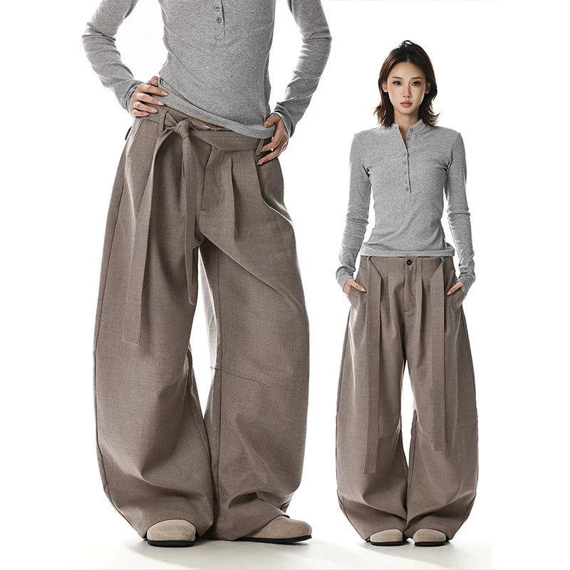 LIZAKOSHT  -  Women's Autumn Winter Striped High Waist Trousers Office Girl Retro Straight Pants Female Wide Leg Streetwear