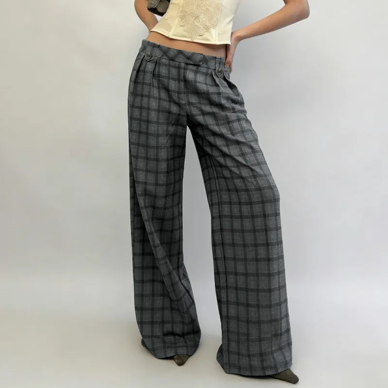 LIZAKOSHT  -  American Street Style High Waist Plaid Print Straight Casual Pants Spice Girl Design Sense Casual Versatile Knitted Suit Pants