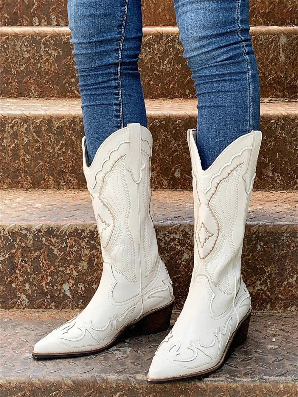 LIZAKOSHT  -  Retro Western Boots Vintage Cream Cowboy Boots Women Shoes Embroidered Pull On Chunky Heels Mid Calf Black Cowgirls Boots