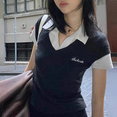 LIZAKOSHT  -  Fake Two Pieces Harajuku Contrast Color T-shirts Summer Casual Letter Embroidery Tops Women Y2k Aesthetic Slim Fit Grunge Tees