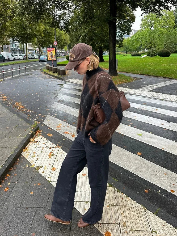 LIZAKOSHT  -  Women's Brown Argyle Pattern Turtleneck Sweater Fluffy Knit Long Sleeve Casual Pullover 2025 Autumn Winter Female Warm Knitwear