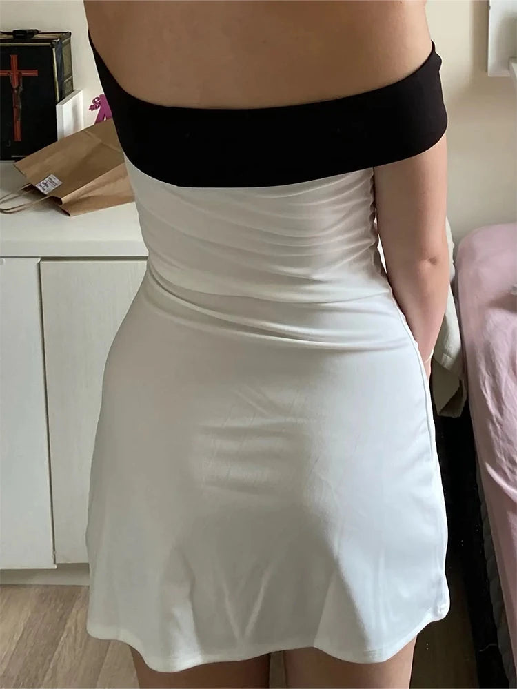LIZAKOSHT  -  Sexy Party Mini Dress Women Fashion  Strapless Sleeveless Bodycon Bow Patchwork Dresses White Elegant Club Slim Dress