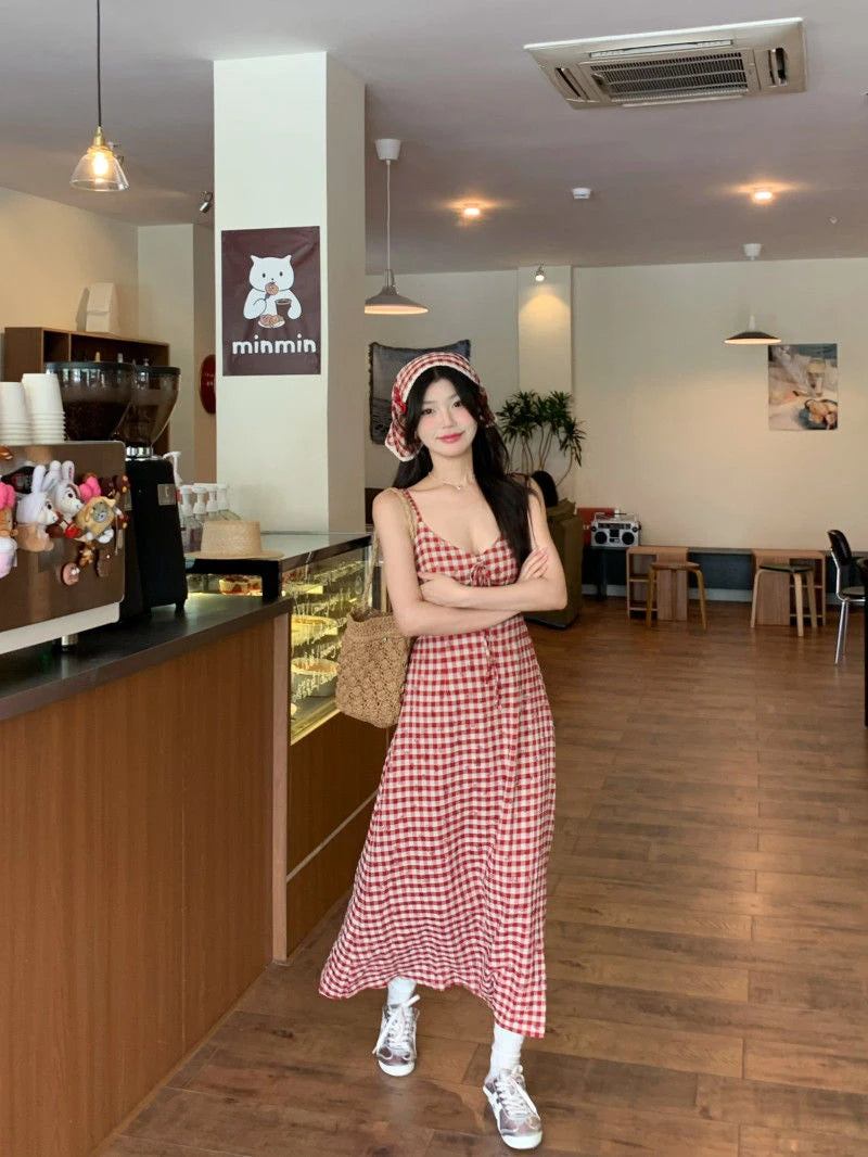 LIZAKOSHT  -  Sexy Backless Red Plaid Dress Women Summer Sweet Skinny Spaghetti Strap Dress Pretty Style Chic Elegant Party Night Vestidos