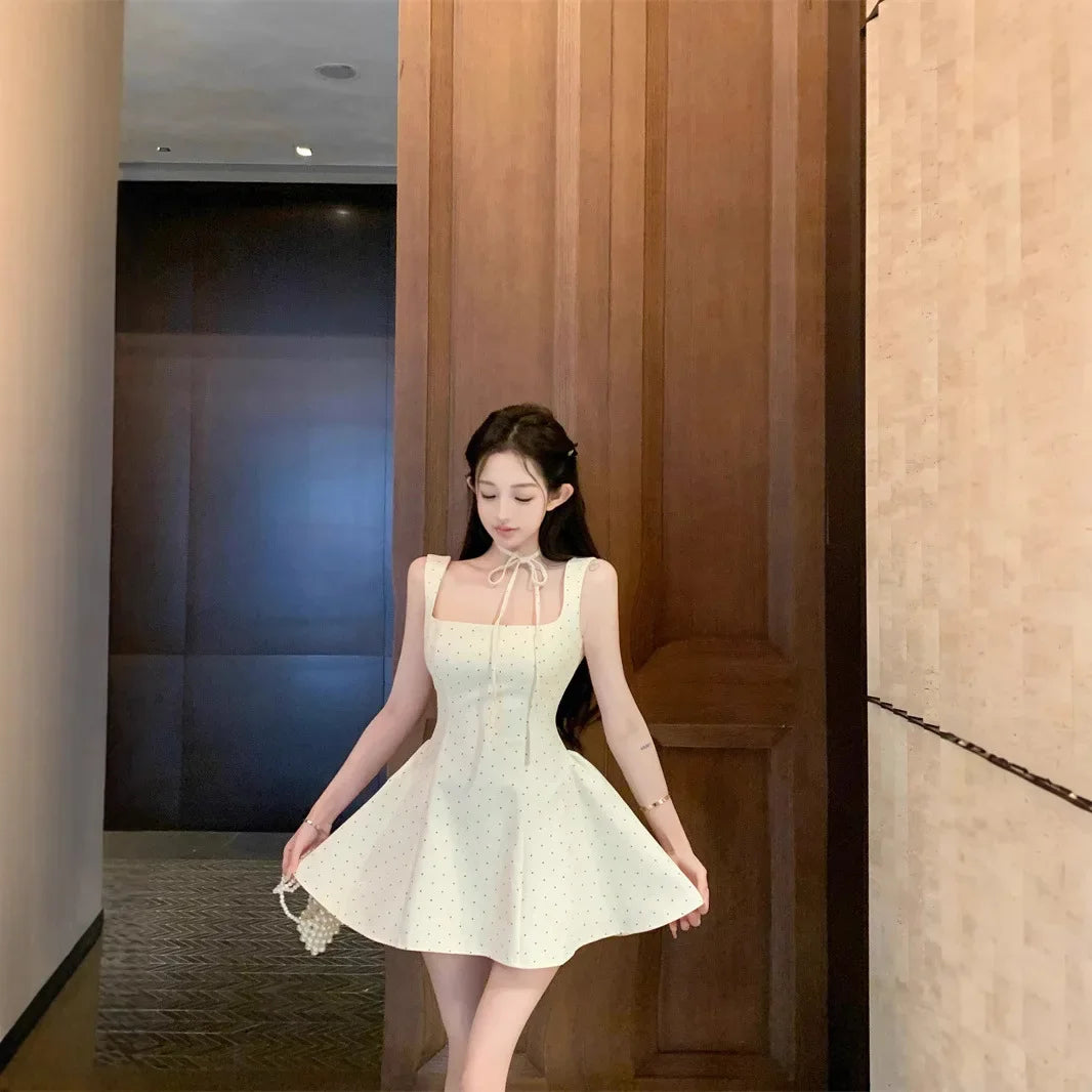 LIZAKOSHT  -  Original High Quality French Polka Dot Strap Dress Women's Summer Sexy Slimming Short Skirt Mini Dress Square Collar Sleeveless