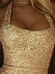 LIZAKOSHT  -  Gold Sequin Halter Split Dress Sexy Backless Party Evening Gown Glitter Suspender Slim Fit Women Wrap Hip Long Dresses Summer