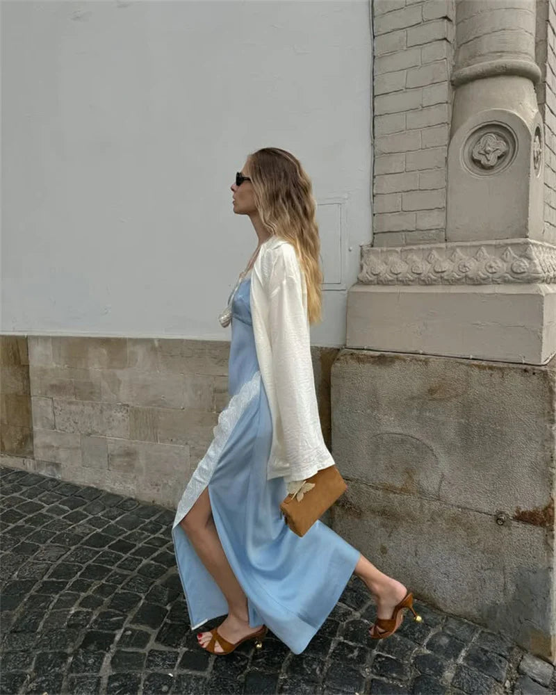 LIZAKOSHT  -  Ruched Sexy Spaghetti Strap Maxi Dress Women Split Blue Sleeveless Backless Club Party Dress Fashion Elegant Vestido