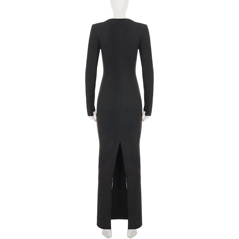 LIZAKOSHT  -  Women Sexy Metal Buckle Hollow Out Boydcon Maxi Dress Deep V Neck Full Sleeve Wrap Hips Split Party Long Robe Birthday Outfits