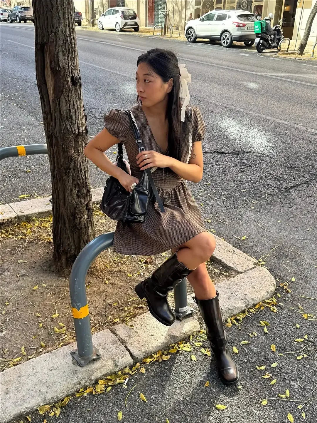 LIZAKOSHT  -  Plaid Waist Cinched Mini Dress Casual V-neck Short Sleeved Lace Up Slim Fit A-line Women Dresses Lady Daily Commute Vestido