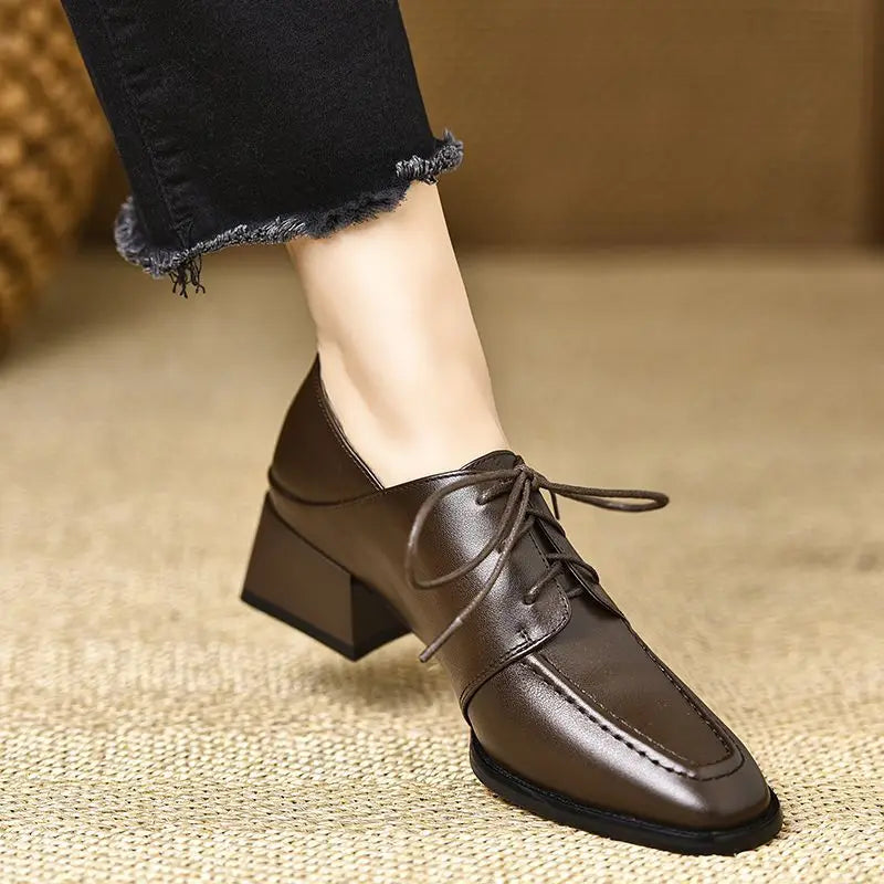 LIZAKOSHT  -  Women's Shoes New Spring/Autumn Retro Square Toe Deep Mouth Soft Leather Thick Heel Lace-up High Heels Ladys Single Shoes
