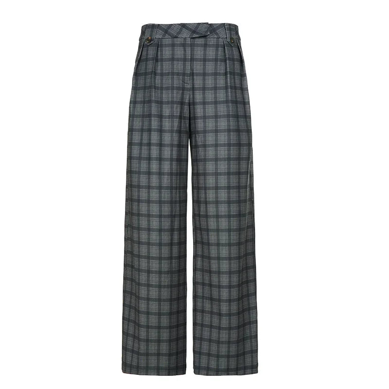 LIZAKOSHT  -  American Street Style High Waist Plaid Print Straight Casual Pants Spice Girl Design Sense Casual Versatile Knitted Suit Pants
