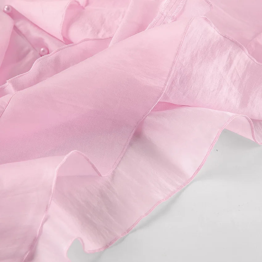LIZAKOSHT  -  Summer Charm Pink Chiffon Sunscreen Coat Temperament Layered Ruffle V-neck Trumpet Short Women's Shirt