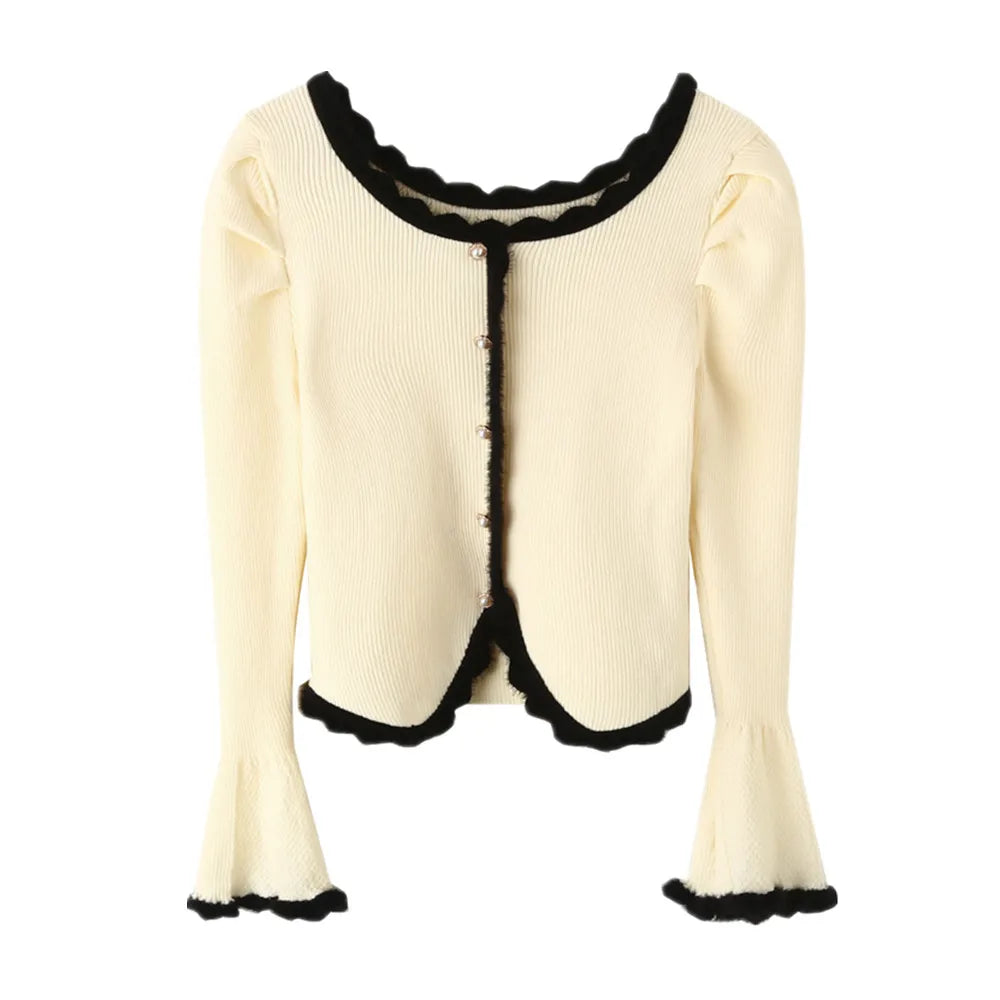 LIZAKOSHT  -  Woman Full Puff Sleeve Sweater Pearl Buttons Knitwear Jumper Autumn Beige Black Color Edged Line Knitted Cardigan