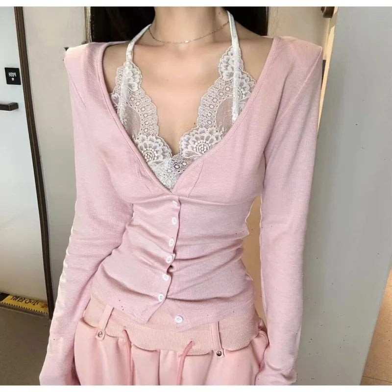 LIZAKOSHT  -  Summer New Lace Neck Hanging V-neck Base Shirt Sexy Long Sleeved T-shirt for Spicy Women Neck Hanging Slim Fit Top