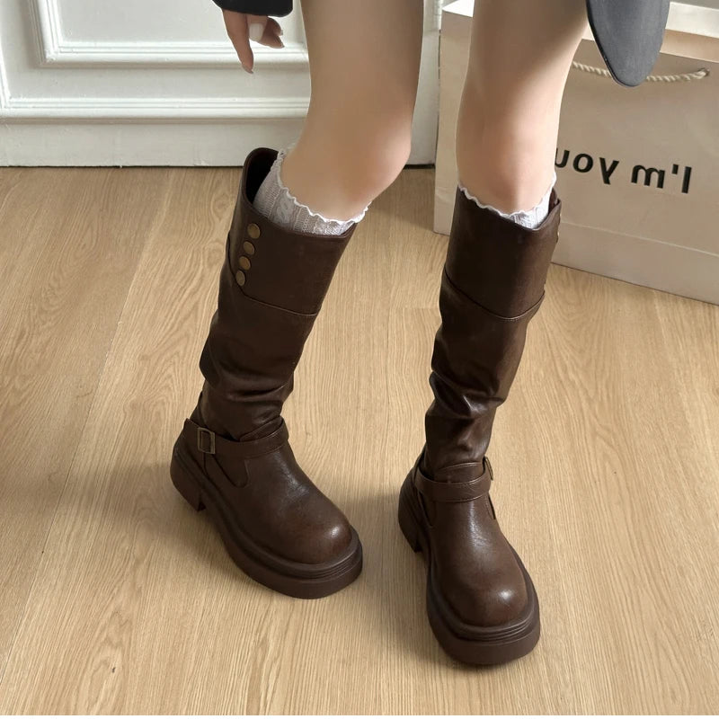 LIZAKOSHT  -  Autumn Winter Platform Thick Bottom Woman Knee High Boots Shoes Ladies Elegant Belt Buckle Knight Booties