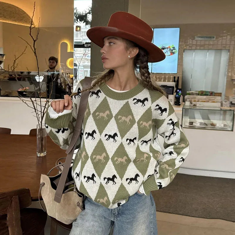 LIZAKOSHT  -  Knitted Printed Sweater Women Full Sleeve O-neck Contrast Color Patchwork Pullover Sweater Lady Autumn Casual Knittwear top