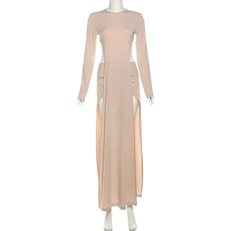LIZAKOSHT  -  Fashion Women 2 Piece Set O Neck Long Sleeve Backless Asymmetrical Extra Long T-shirts Tops + Ruched Bodycon Maxi Skirts Suits