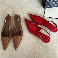 LIZAKOSHT -  Spring Brown Fashion Slingbacks Thin Low Heels Elegant Butterfly-knot Buckle Strap Woman Pumps Party Wedding Shoe