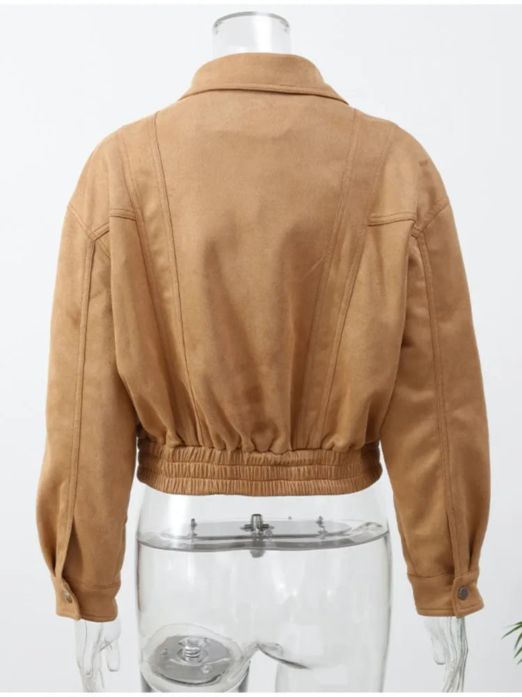 LIZAKOSHT  -  Elegant Cropped Suede Jacket Women 2025 New Autumn Winter Vintage Casual Loose Pocket Zipper Long Sleeve Short Coat Streetwear
