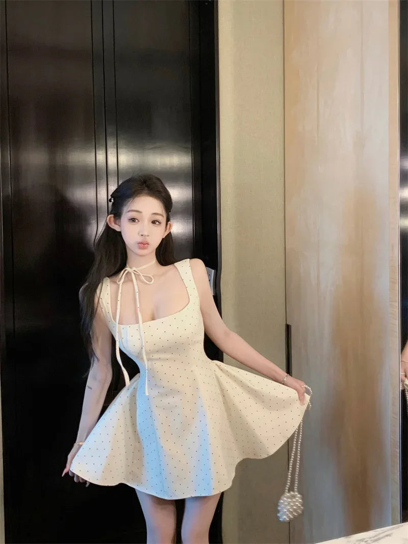 LIZAKOSHT  -  Original High Quality French Polka Dot Strap Dress Women's Summer Sexy Slimming Short Skirt Mini Dress Square Collar Sleeveless