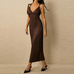 LIZAKOSHT  -  Elegant V-neck High Waist Skinny Dress Women Sexy Backless Sleeveless Long Dress Fashion Draped Hollow Out Slim Gowns Dress