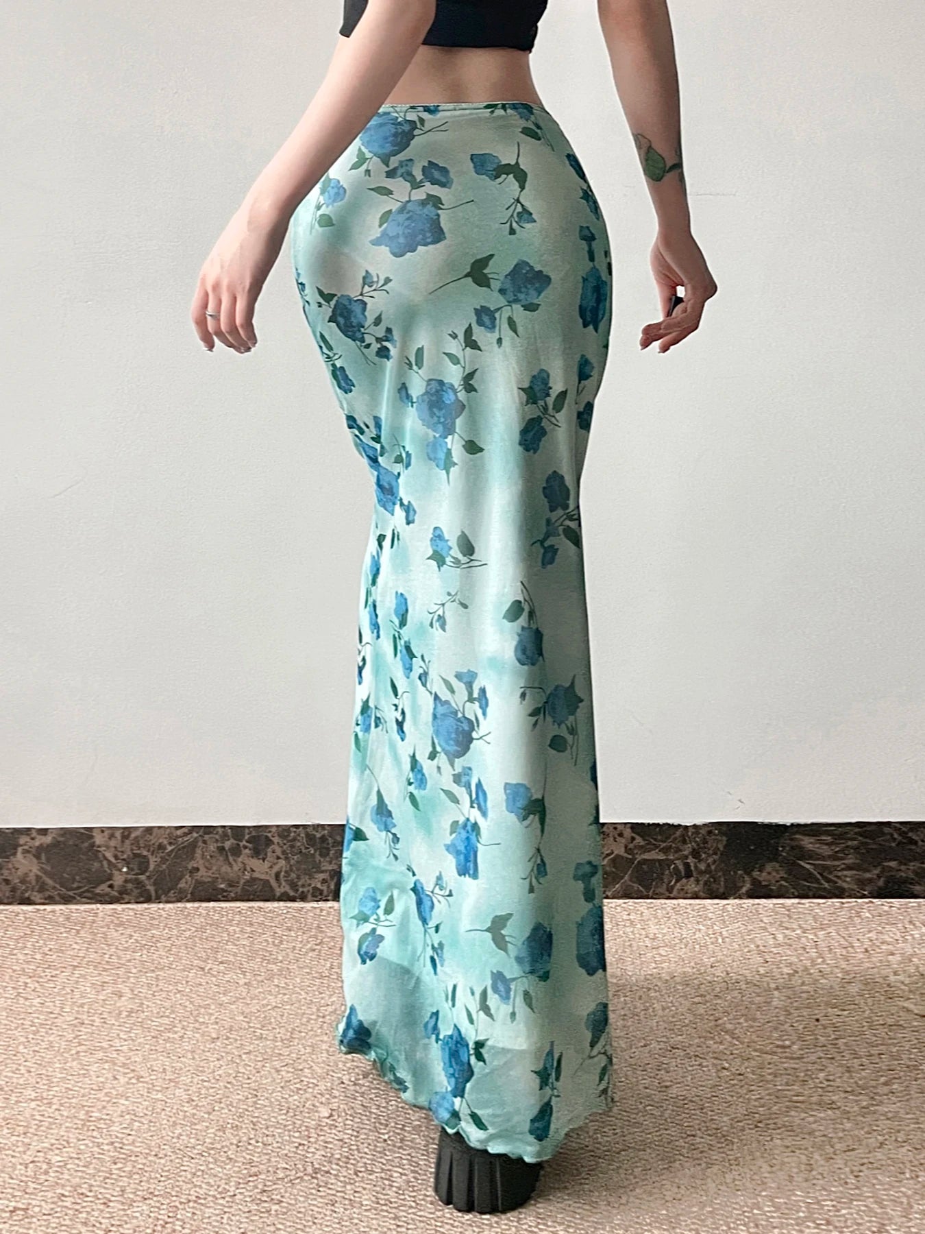 LIZAKOSHT  -  Retro Plaid Print Mesh Long Skirts Preppy Style Slim Fit Y2k Midi Skirt Chic Low Waist Straight Skirt Korean
