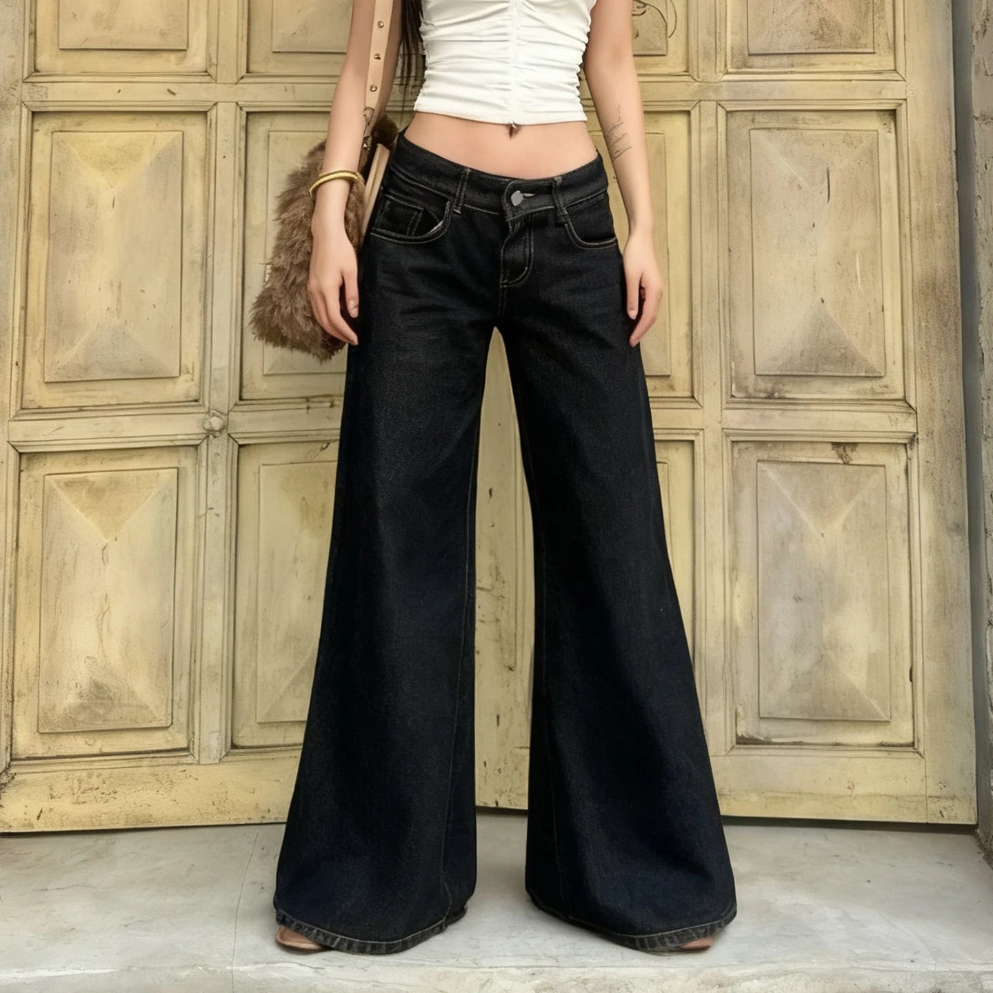 LIZAKOSHT  -  Retro Black Loose Wide Leg Denim Jeans Women's All-Match Low Waist Trousers Y2K Streetwear Denim Trousers Casual Outfit