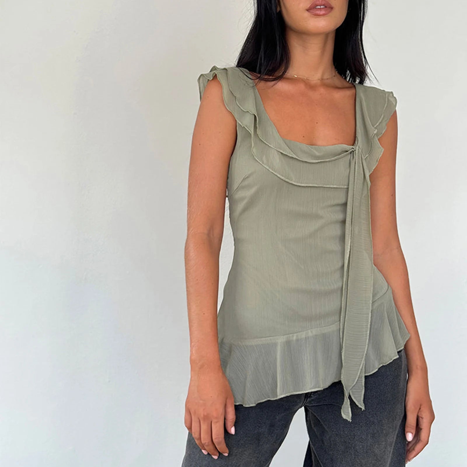 LIZAKOSHT  -  Y2K Fairy Crop Tops Women Ruffle Trim Tank Tops Sleeveless Square Neck Solid Color Chiffon Tops Vest Summer Shirts