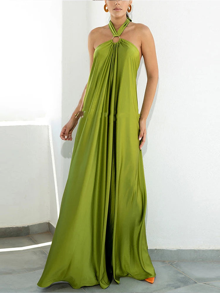 LIZAKOSHT  -  Casual Loose Sleeveless Beach Dress Women Solid Hollow Out Long Maxi Dress Summer Sexy Backless Solid Strap Cover Up Sundress